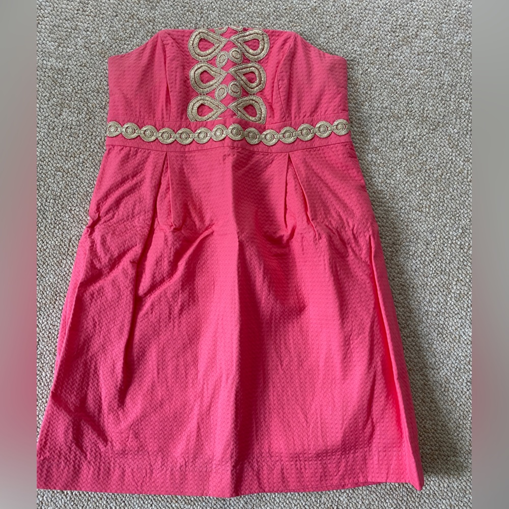 Lilly Pulitzer pink strapless dress.